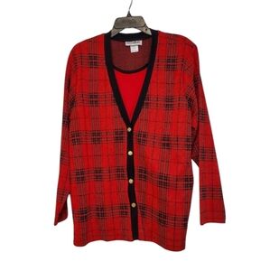 Vintage Eccobay Tartan Plaid Pattern Sweater Cardigan Red Metallic, Size Large